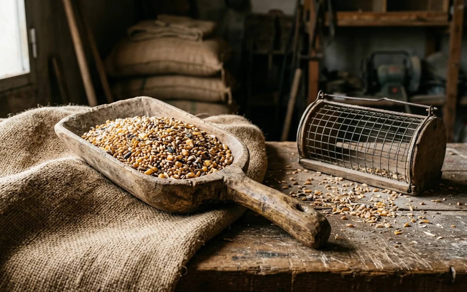 Grano limpio de trigo, veza y semillas seleccionado en badil de madera sobre saco de arpillera