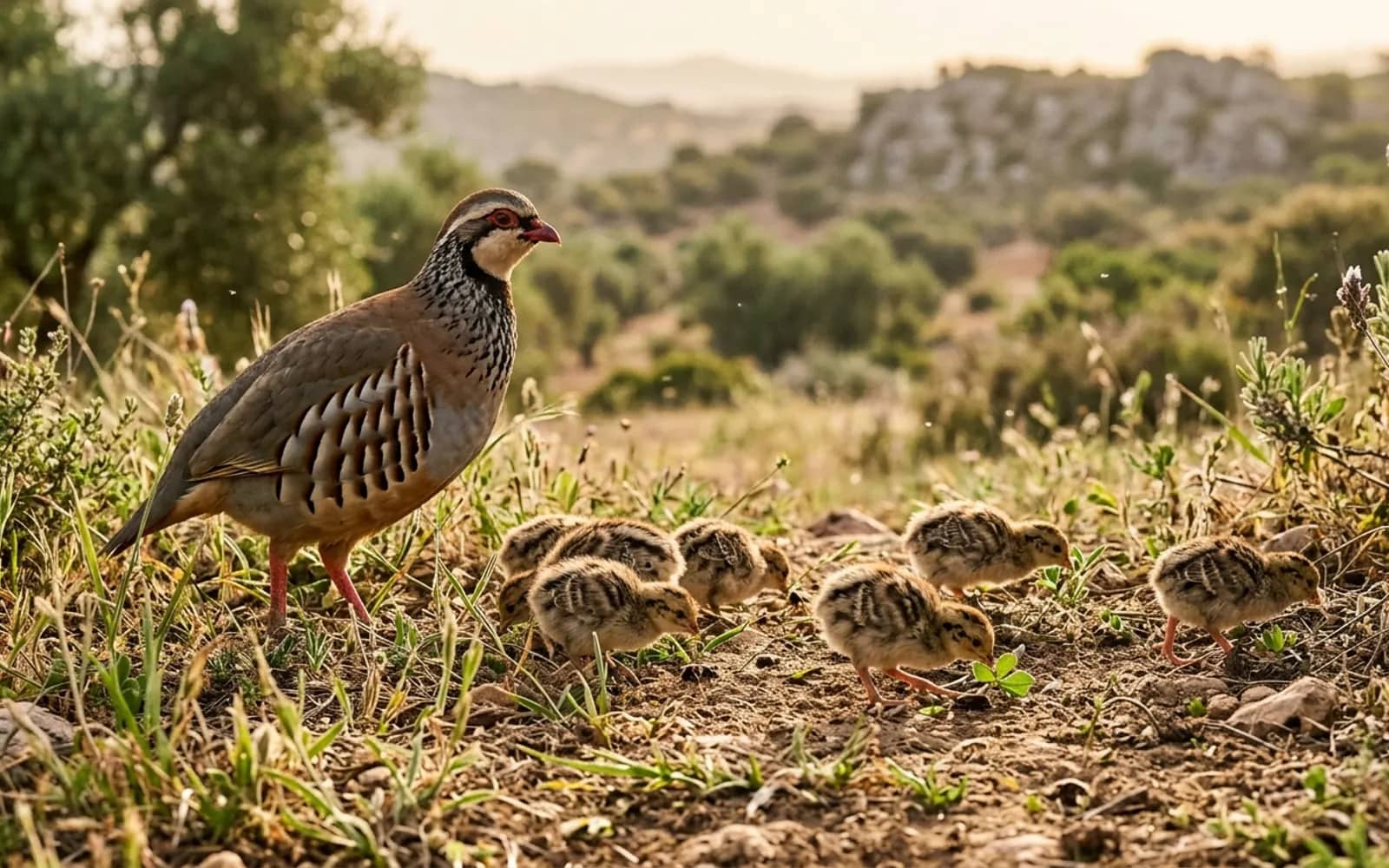 Polluelos de perdiz roja de pocos días picoteando insectos en el suelo junto a la madre en el campo
