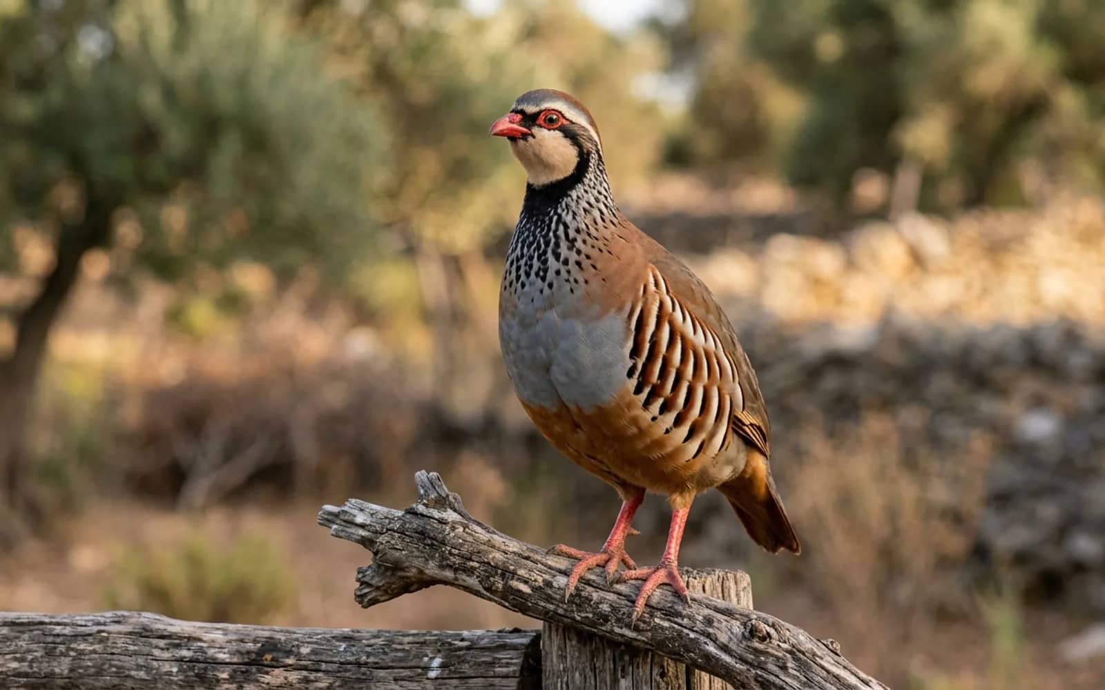 Macho de perdiz roja con el traje de pluma completamente cerrado y brillante tras finalizar el pelecho