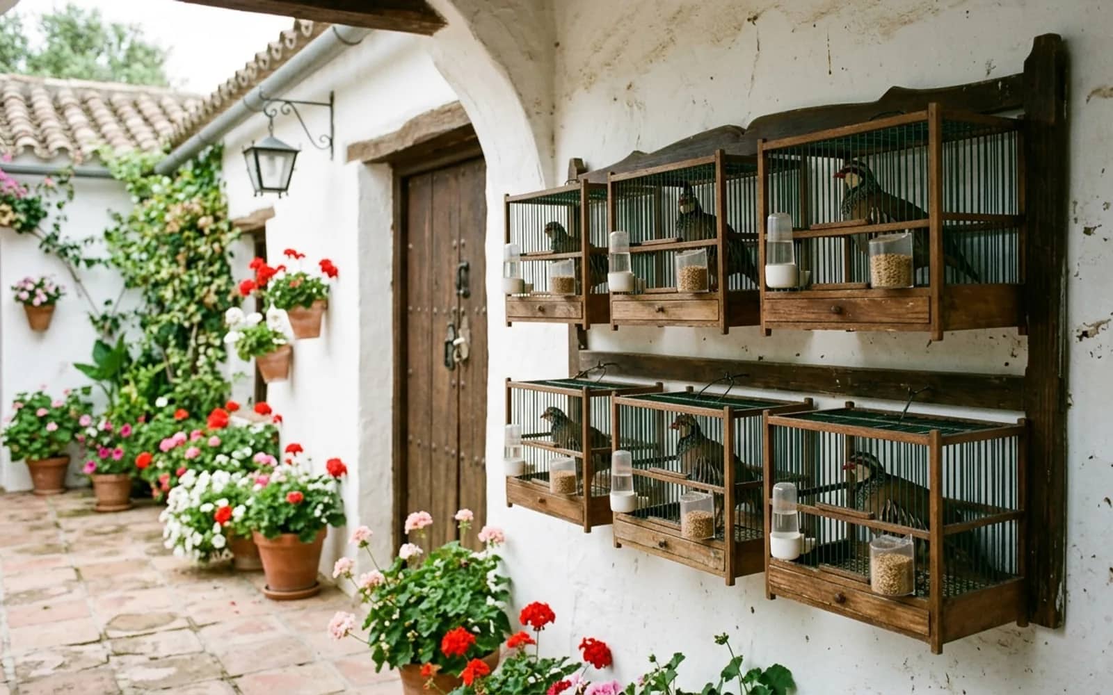 Jaulero tradicional con jaulas de reclamo descansando a la sombra en un patio encalado andaluz