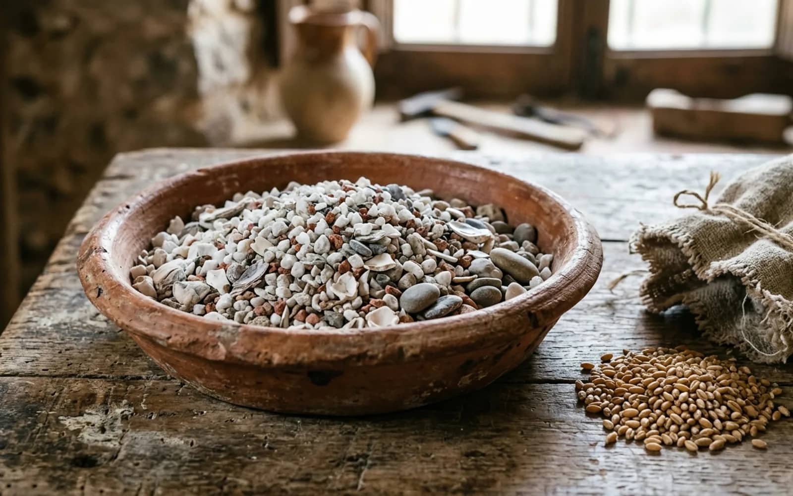 Cuenco de barro con grit calizo, conchilla triturada y minerales esenciales para la molleja de la perdiz
