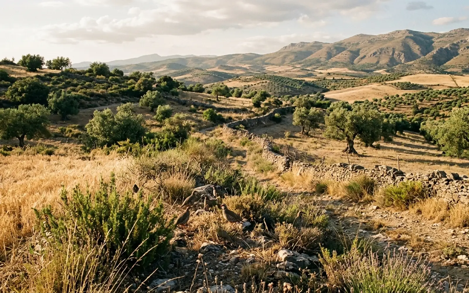 Mosaico de monte mediterráneo con rastrojos de cereal y matorral bajo propicio para la perdiz roja