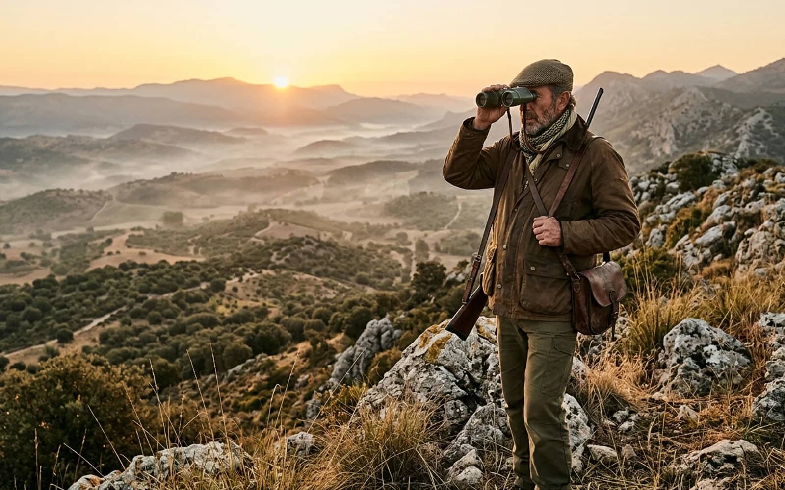 Guarda rural observando con prismáticos desde un cerro al amanecer para realizar el censo de perdices