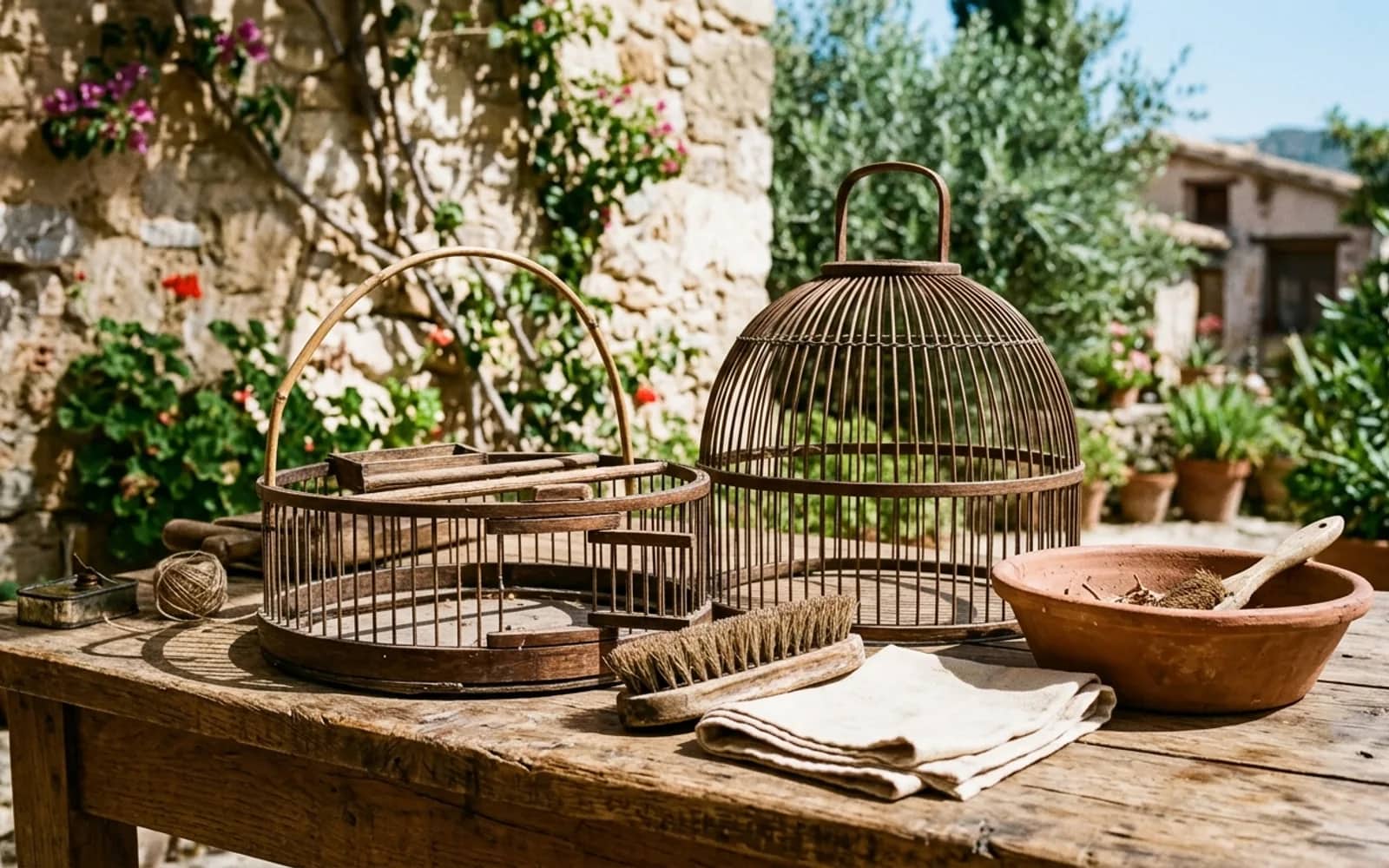 Limpieza y desinfección meticulosa de una jaula tradicional de reclamo de madera y alambre al sol
