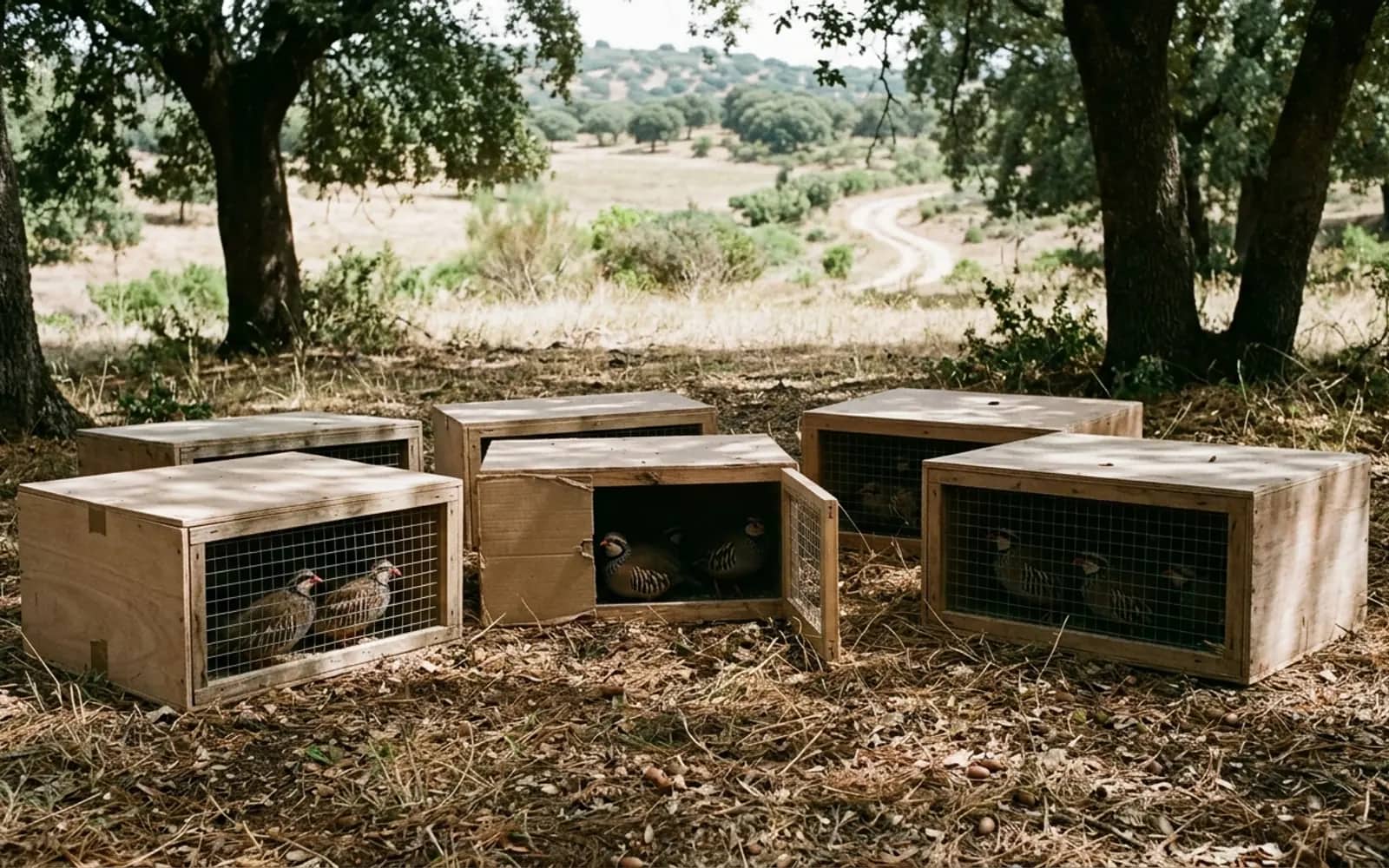 Cajas de transporte de perdices reposando a la sombra de unas encinas antes de proceder a la suelta