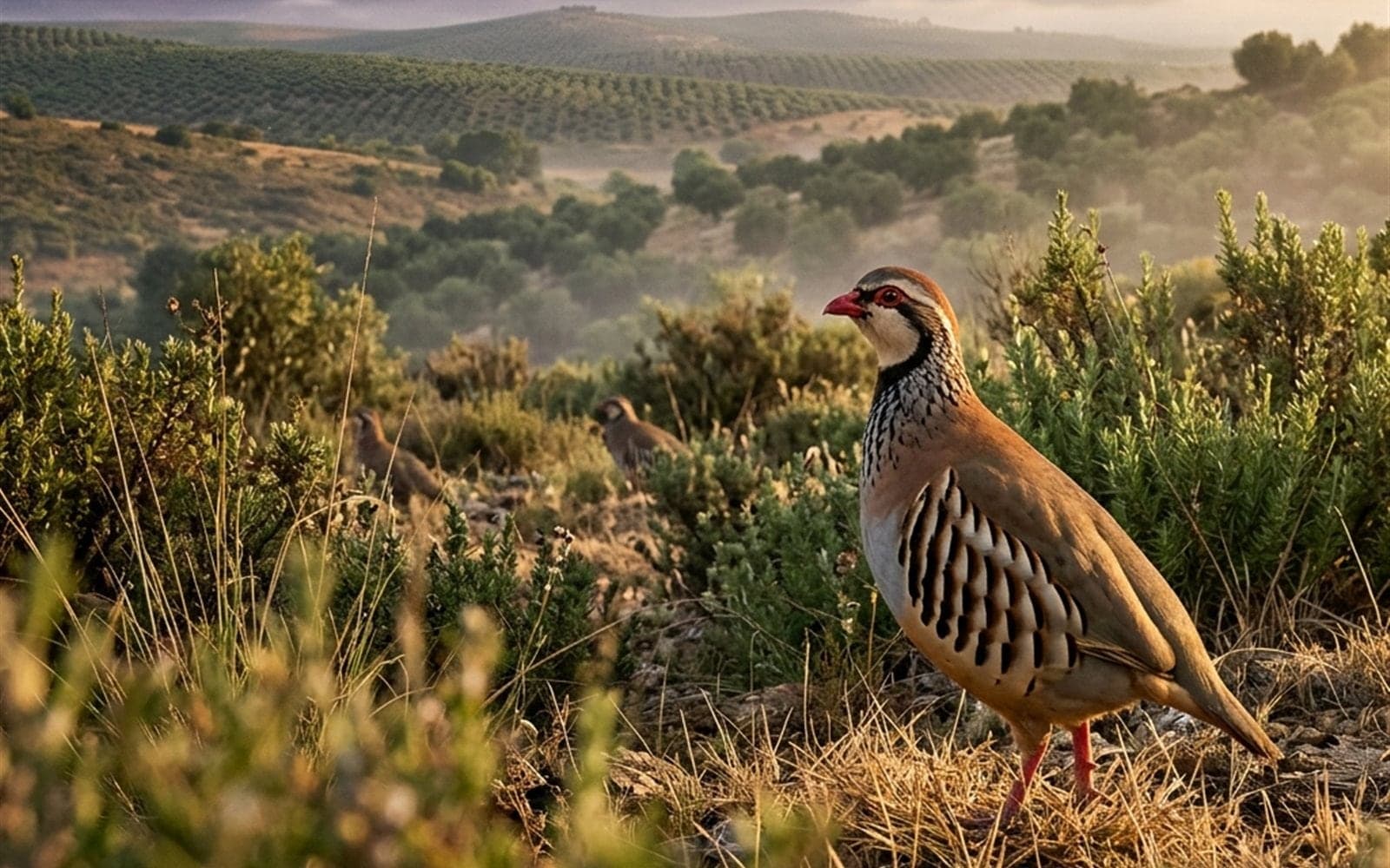 Perdiz roja alerta al amanecer en monte mediterráneo tras una suelta