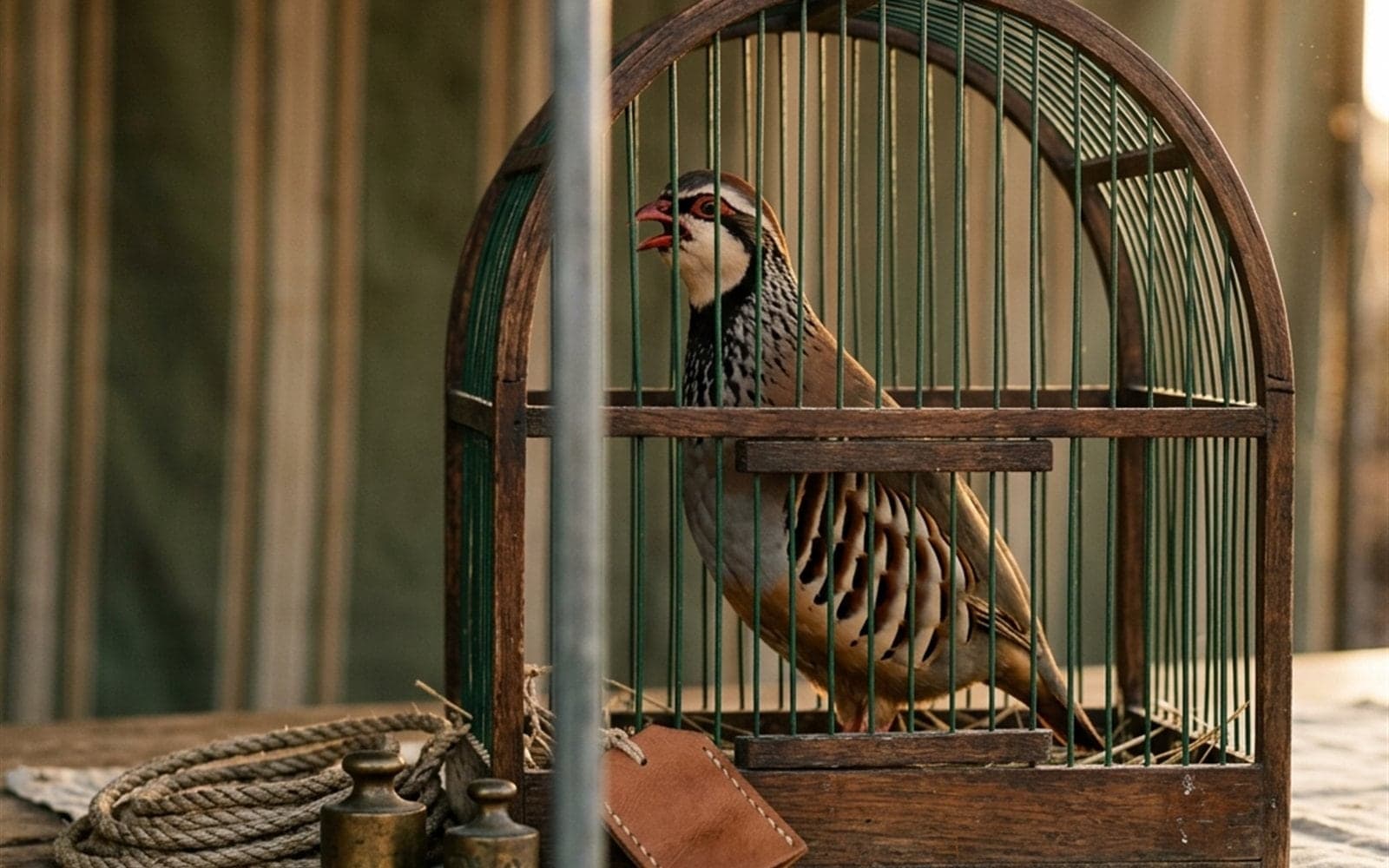 Macho de reclamo de perdiz roja cantando en una jaula tradicional verde