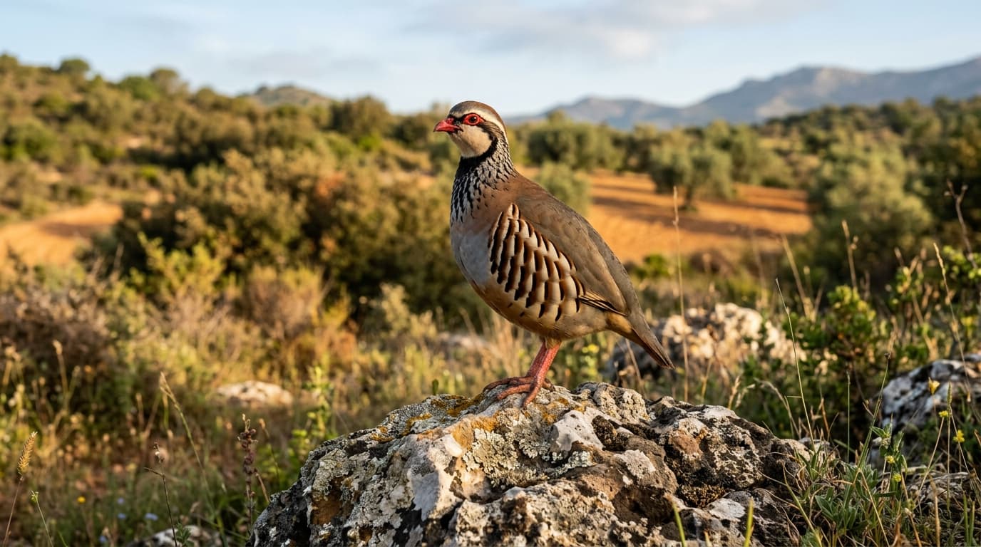 Macho de perdiz roja pura autóctona sobre roca caliza al amanecer en el monte mediterráneo andaluz